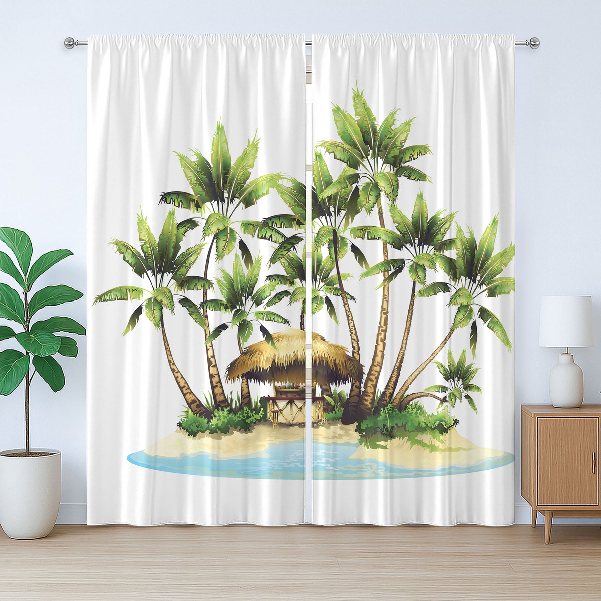 ABAKUHAUS Rustiek gordijn met palmbomen, bomen en een tiki-bar in bungalowstijl, met lussen en haken voor de slaapkamer, 280 x 175 cm, meerkleurig