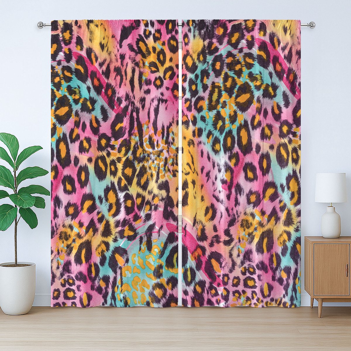 ABAKUHAUS Gordijn met luipaardprint, rustieke uitstraling, gespikkelde camouflage, met lussen en haken voor de woonkamer, 280 x 225 cm, paars aqua
