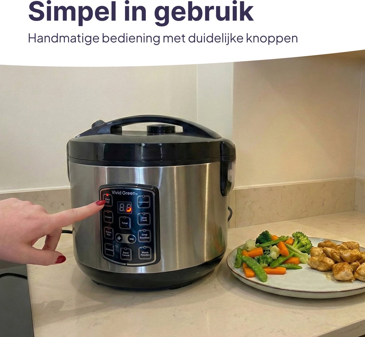 Rijstkoker met Stomer - 1.8L - Slowcooker met Timer - 10 Porties - Multicooker - Rice Cooker - RVS - Vivid Green – foto 7