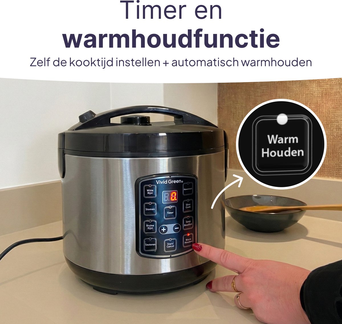Rijstkoker met Stomer - 1.8L - Slowcooker met Timer - 10 Porties - Multicooker - Rice Cooker - RVS - Vivid Green – foto 4