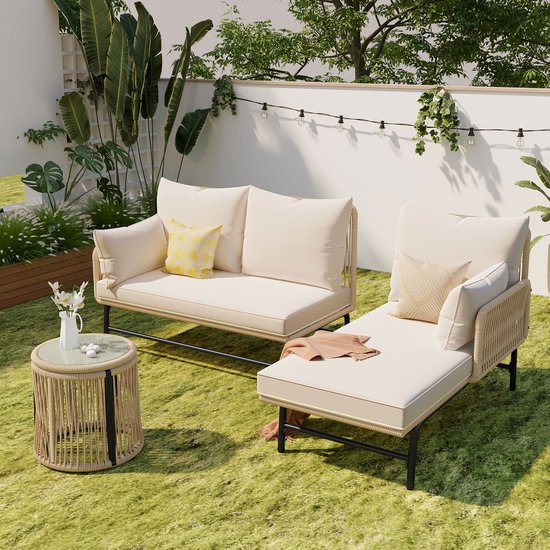 OKWISH Ensemble de Lounge de Jardin Forme L - Configuration d'Angle Avec Table - Corde Tissée à la Main - Cadre en Acier - Beige