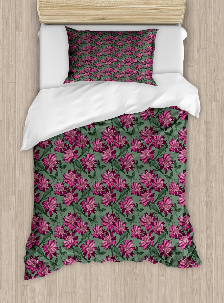 ABAKUHAUS Dekbedovertrekset met bloemenprint voor eenpersoonsbedden, vogelmotief, inclusief kussensloop, 130 x 200 cm