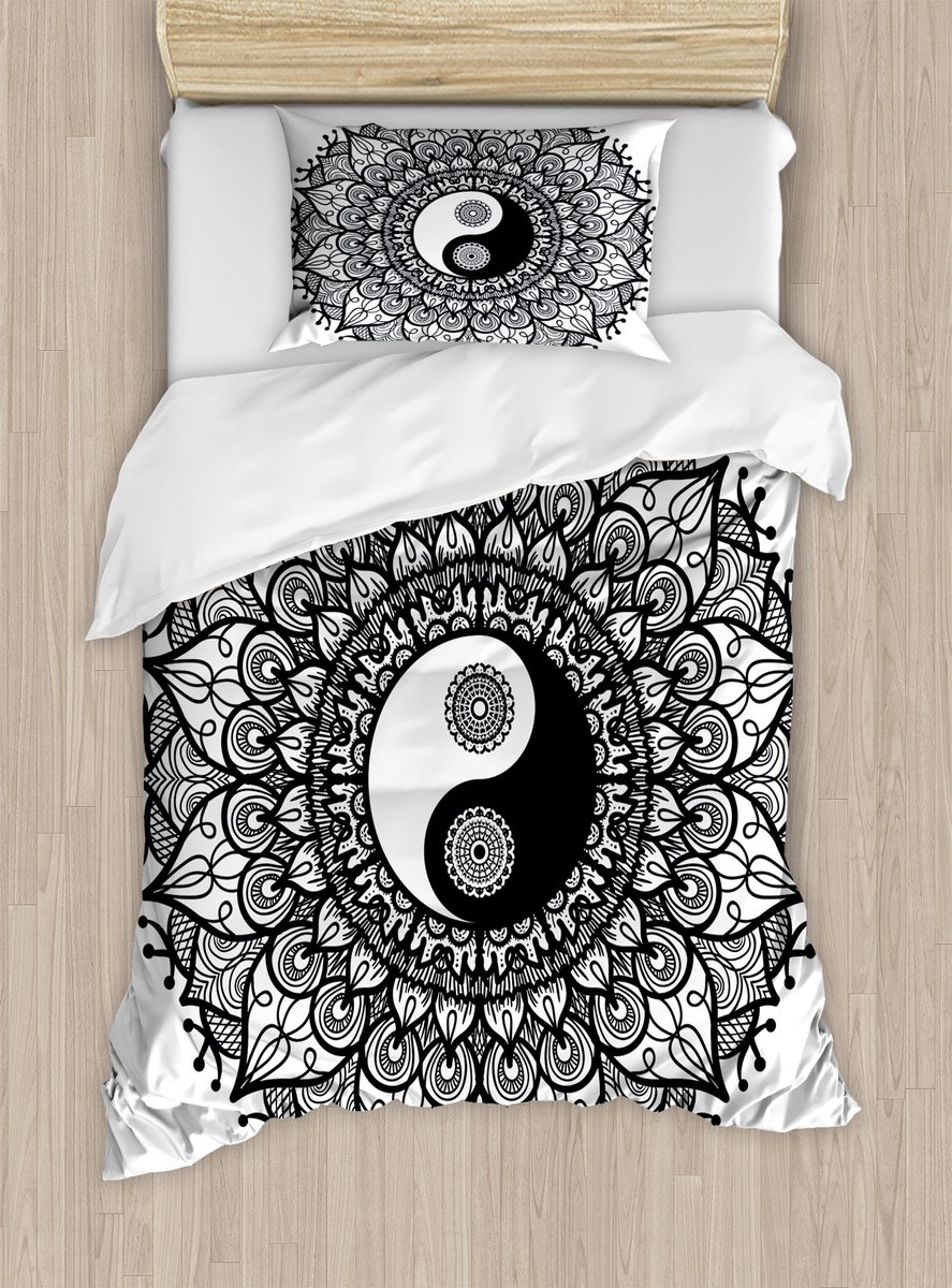 ABAKUHAUS Ying Yang dekbedovertrekset voor eenpersoonsbedden, Boheemse Mendi-kunst, inclusief kussensloop, 130 x 200 cm