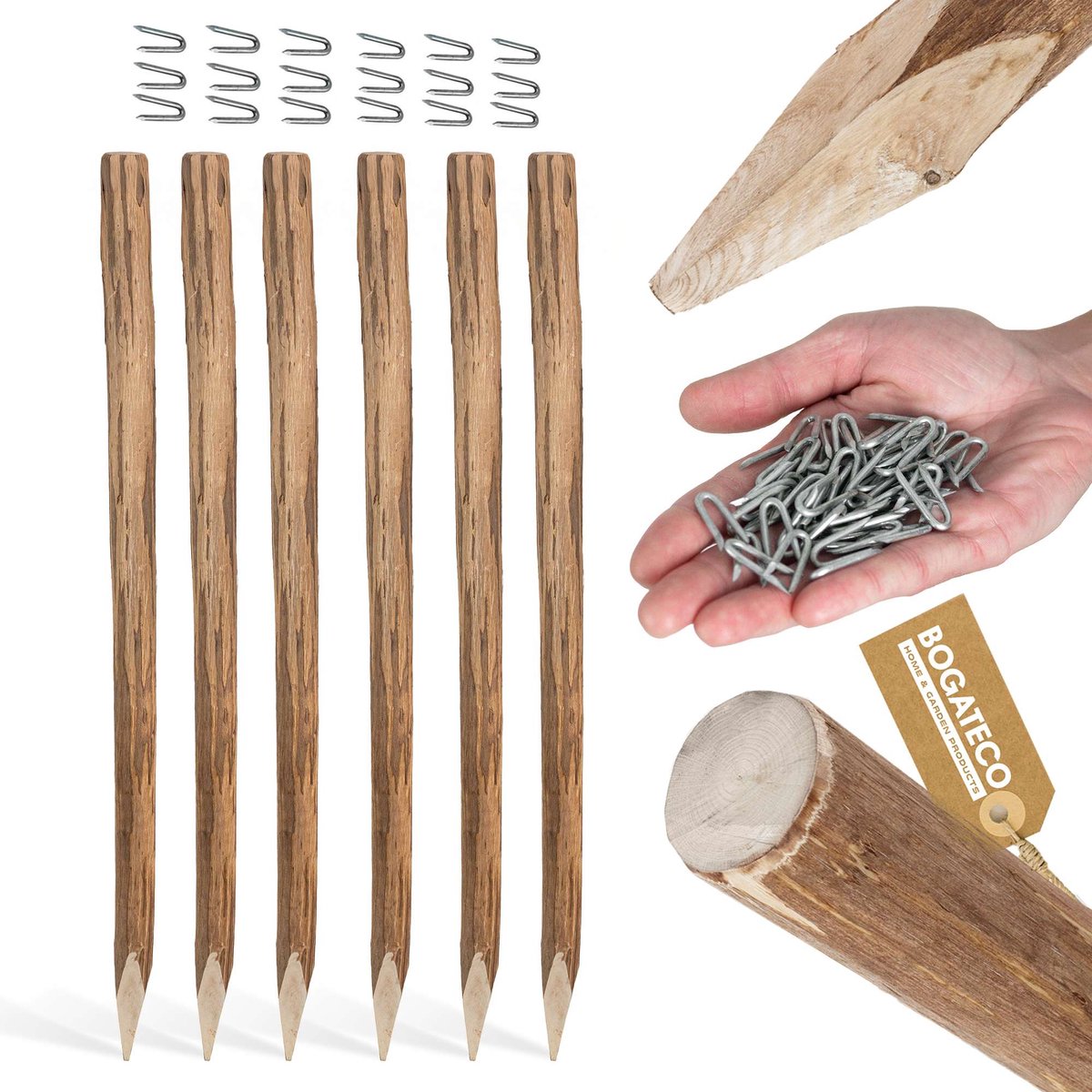 BOGATECO 6 x Hazelnoothouten schuttingpalen | Hoogte 150 cm | Puntige houten palen | Set van 6 | Schuttingpalen, houten palen, ronde houten palen | Houten paal voor boerderijschuttingen, tuinschuttingen
