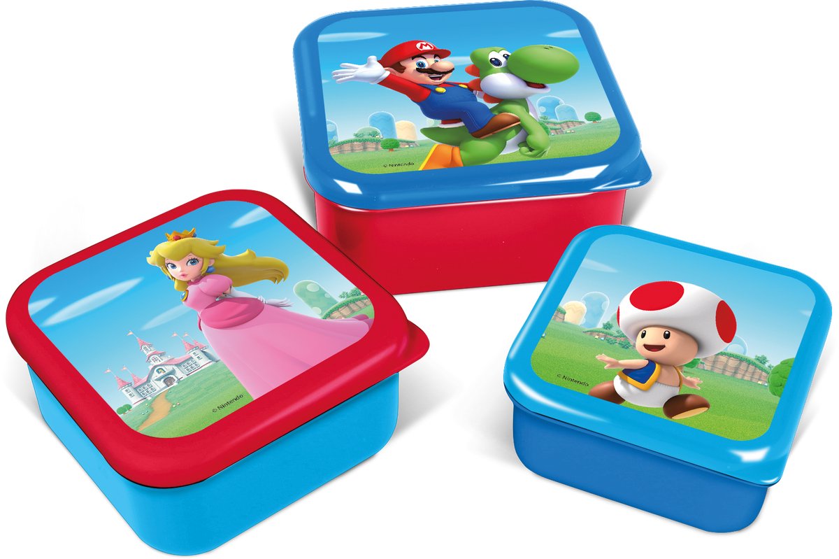 Nintendo's Super Mario 3-in-1 Snackdoosjes - 3 formaten - Vierkant - Sluit goed af - Lunchboxen voor kinderen - Los deksel - Geschikt voor koekjes, fruit en snacks - Blauw/Rood