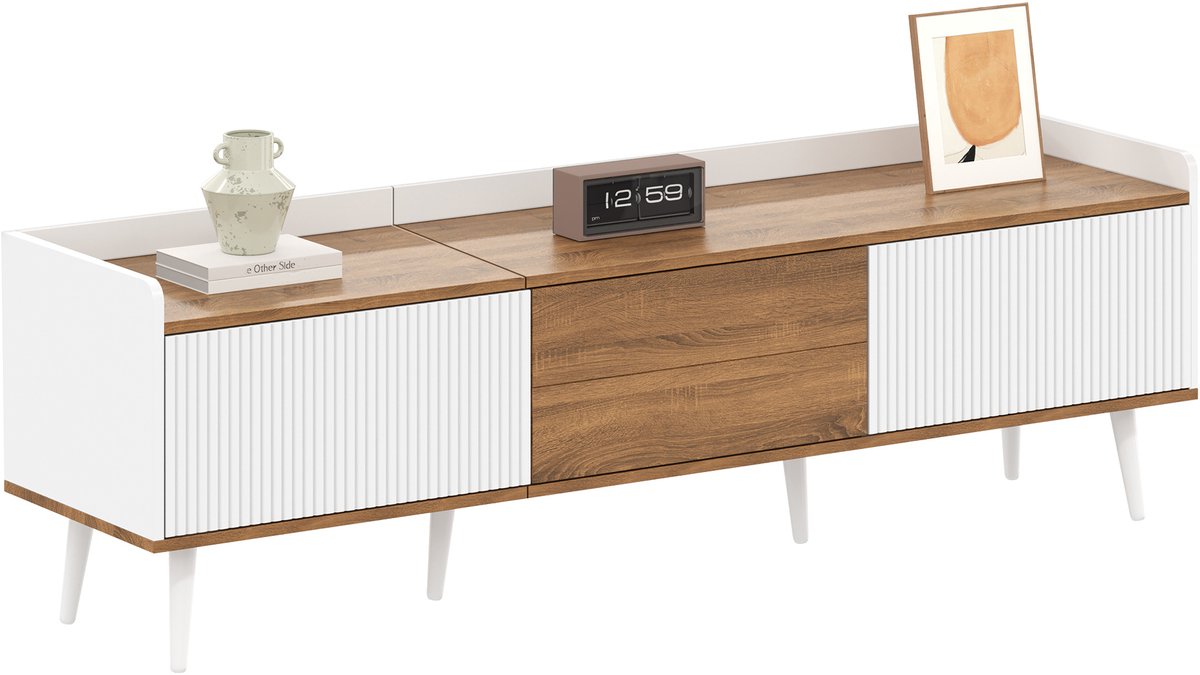 Clruro TV-Meubel - 160x39x49,5 cm - 3 Deuren met Compact Design - MDF - Wit/Hout Natuurlijk+wit