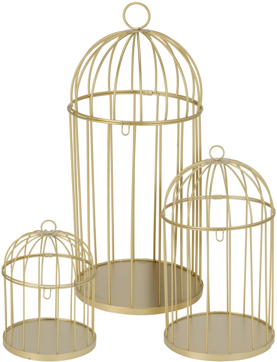 Home & Styling Home decoratie vogelkooien set 3x stuks - draad metaal - goud - mix formaten volieres