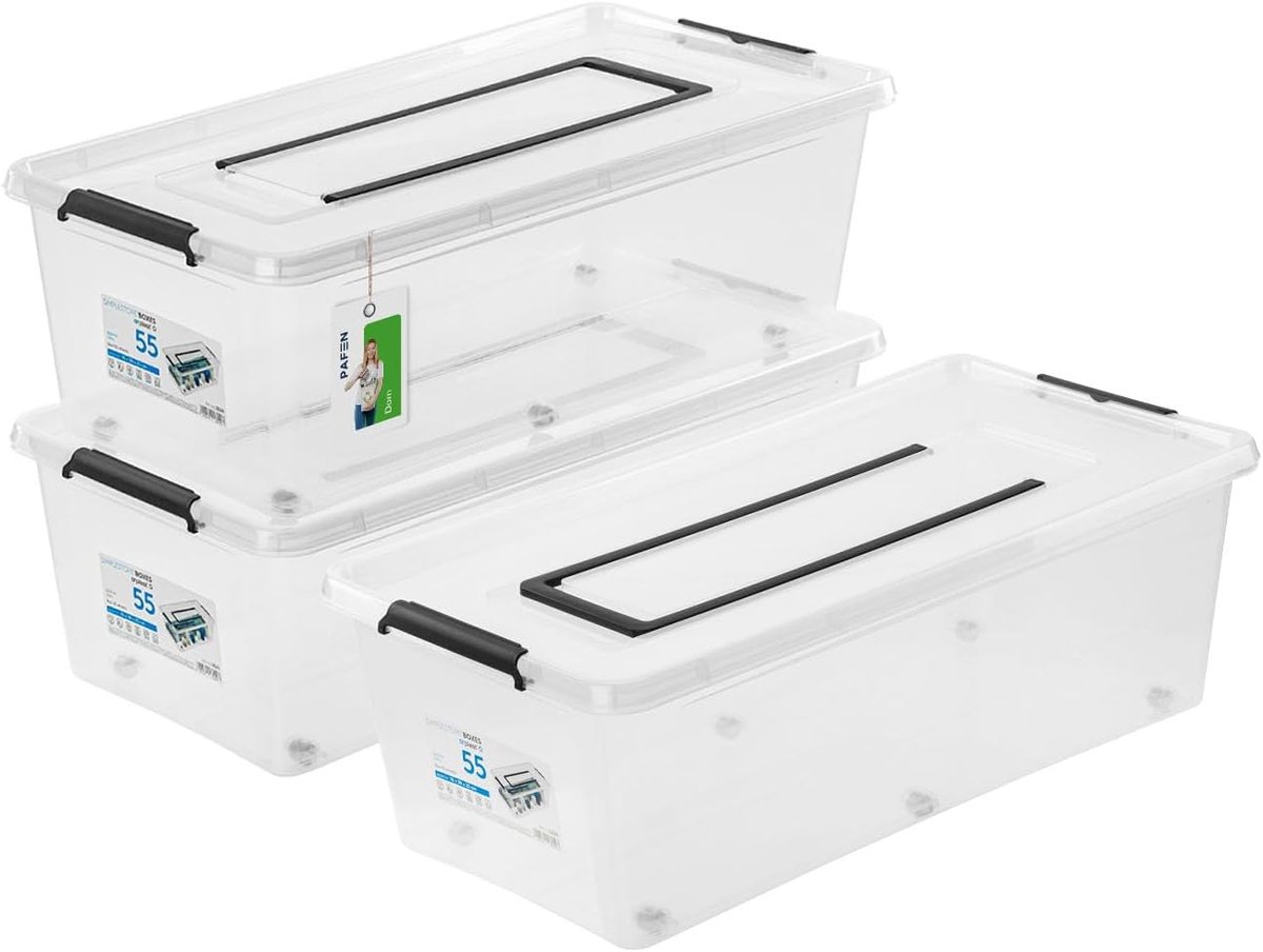 Set van 3 Transparante Stapelbare Opbergboxen met Wielen en Handvat - 55 Liter