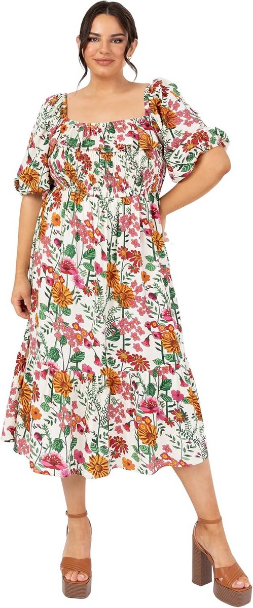 Midi Jurk met Bloemenprint, Pofmouwen en Vierkante Halslijn voor Dames - A-Lijn Zomerjurk