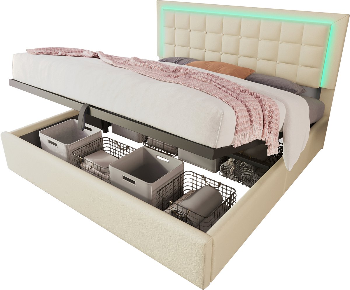 Wishdor Gestoffeerd Bed 180x200 cm – LED 60.000+ Kleuren & Hydraulische Opbergruimte – Kunstleer Wit – tot 226 kg