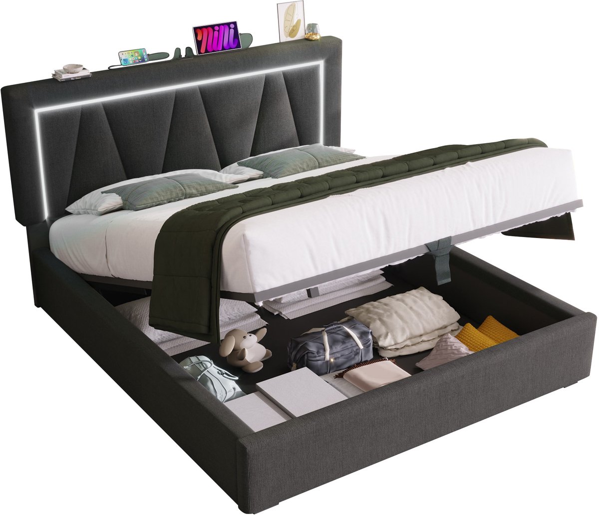 Wishdor Opbergbed 160 x 200 cm – Verstelbaar Geometrisch Hoofdbord – LED met Afstandsbediening – USB en USB-C Laadstation – Hydraulische Opbergruimte – Maximale Belasting 360 kg – Geschikt voor Slaapkamer – Linnen – Grijs