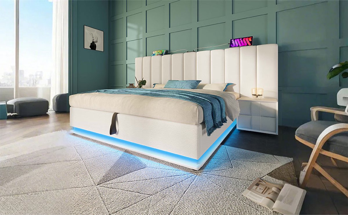 Wishdor Gestoffeerd Opbergbed 160 x 200 cm – Hydraulische Opbergruimte – LED met Muziekmodus – 3 USB-A en 1 USB-C Snellader – Onderhoudsvriendelijk PU Kunstleer – Tweepersoonsbed – Metaal en Massief Hout – Wit