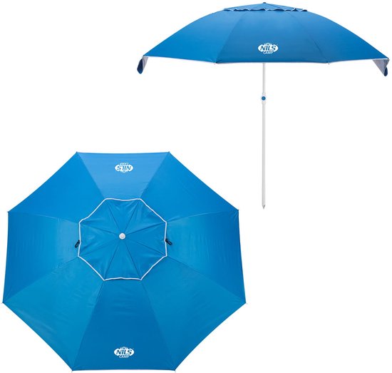 Blauwe strandparasol met het NILS CAMP logo, zijaanzicht en bovenaanzicht.