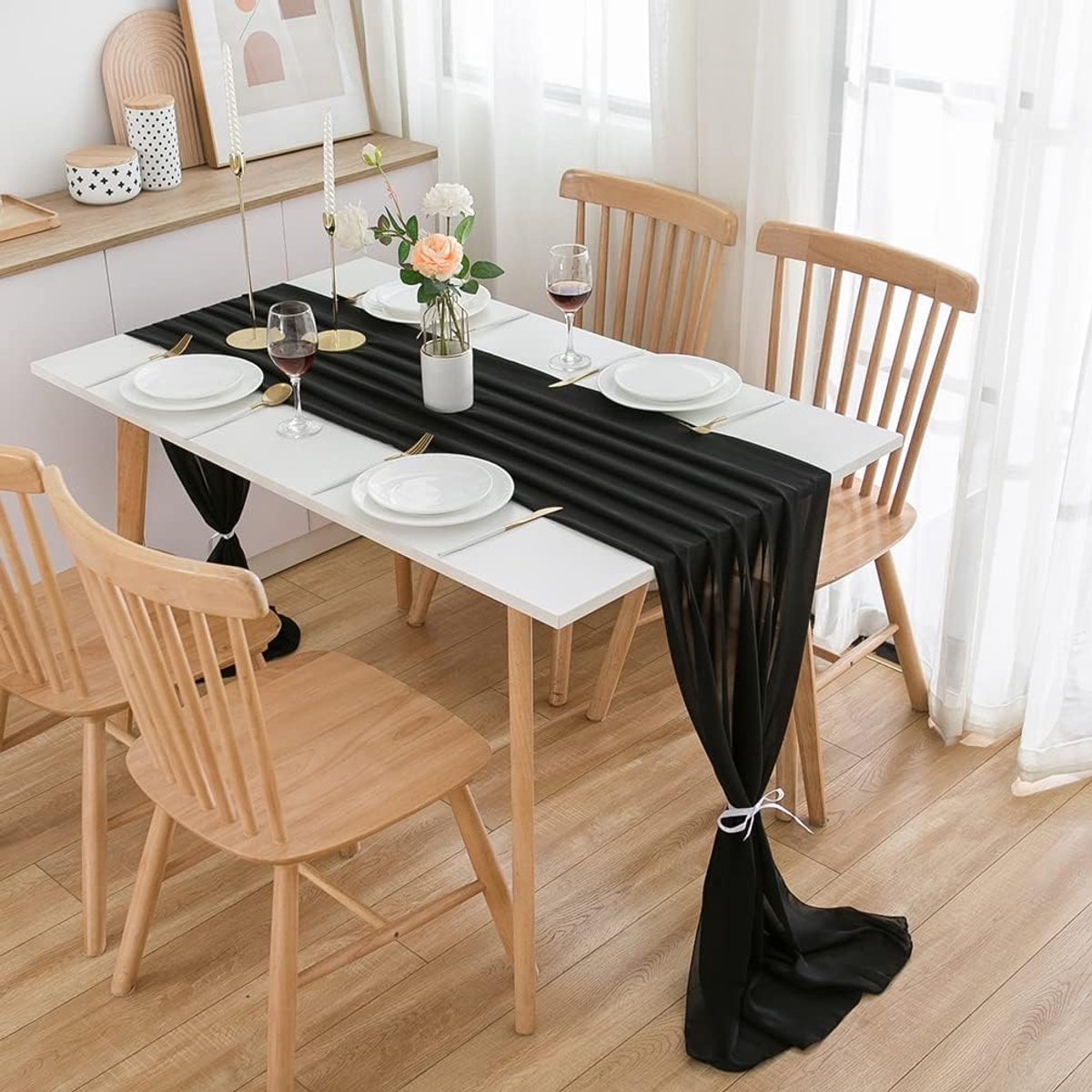 Chiffon Tafelloper - Afwasbaar - Voor Bruiloft - Zwart - 70x300 cm