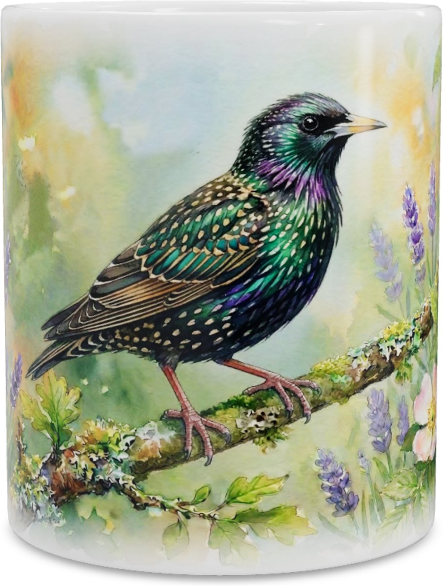 "Aquarel Series" Mok met Kleurrijke Spreeuw & Zomerse Bloemen - Koffiemok & Theebeker voor Thuis of op het Werk & Kantoor - Perfect Uniek Cadeau met Vogels uit de Natuur voor haar: Vrouw, Vriendin of Collega - Hollandse Tuinvogels
