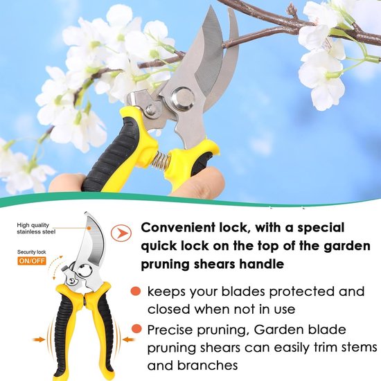 Snoeischaar (1 stuk) - Professionele bloemenschaar - Takkenschaar - Scherpe en duurzame schaar - Geschikt voor het snoeien van planten, takken en bloemen - Gemakkelijk en moeiteloos - Geel — afbeelding 2