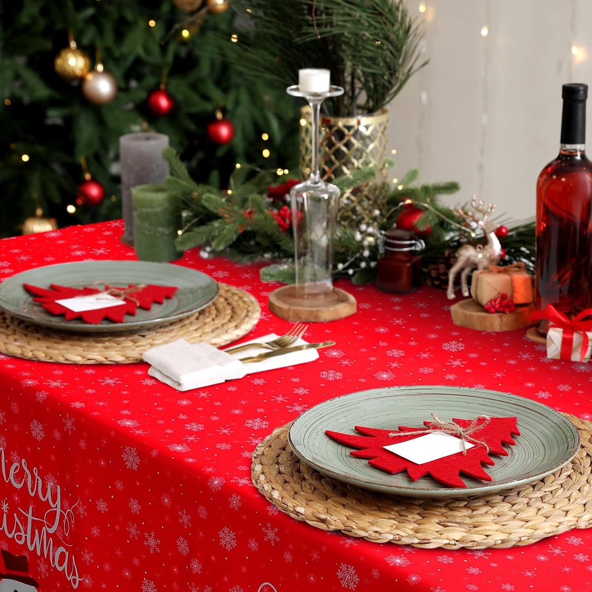 Ovaal kerst tafelkleed 152 x 213 cm waterdicht polyester herten sneeuwvlokken