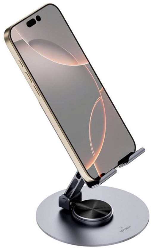 WiWU Rotation Stand - Luxe Telefoon & Tablet Standaard - 360° Draaibaar - Verstelbare Kijkhoek - Volledig Inklapbaar - Bureauhouder - Grijs