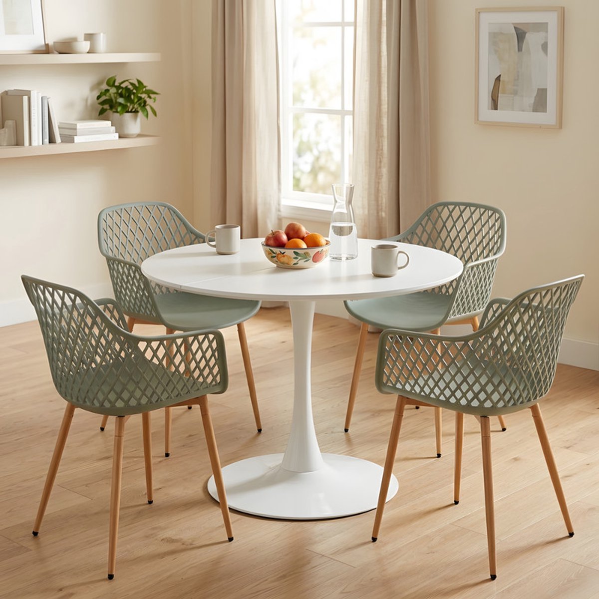 EGGREE eettafel en stoelen set - tafel met een diameter van 100 cm en 4 grijsachtig groen stoelen - geschikt voor bar - keukeneiland -café en eetkamer. Wit-R4GG