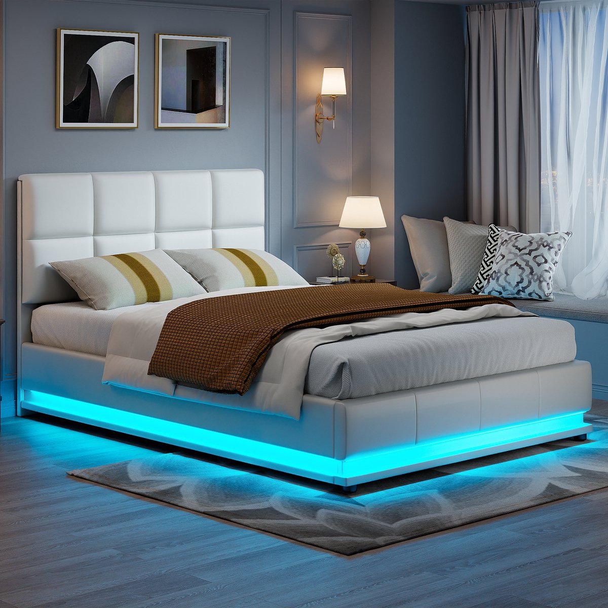 Opbergbed 140x190 met LED Verlichting – Wit PU Bedframe met Opbergruimte