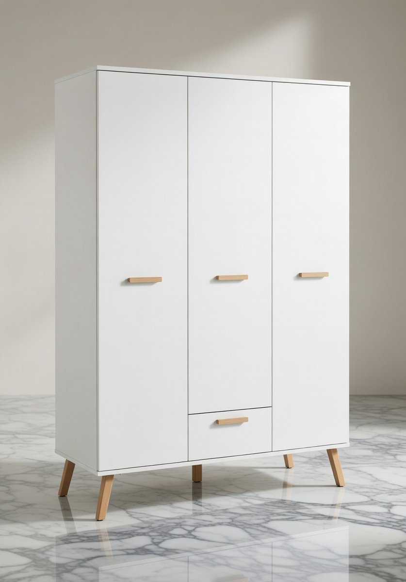Mats 3-Deurs Kledingkast met Lade en 2 Kledingstangen – Wit – Massief Gelakte Houten Poten en Handgrepen – 130 x 190 x 60 cm – Kinderkamer, Babykamer en Slaapkamer Opbergoplossing House & Graden