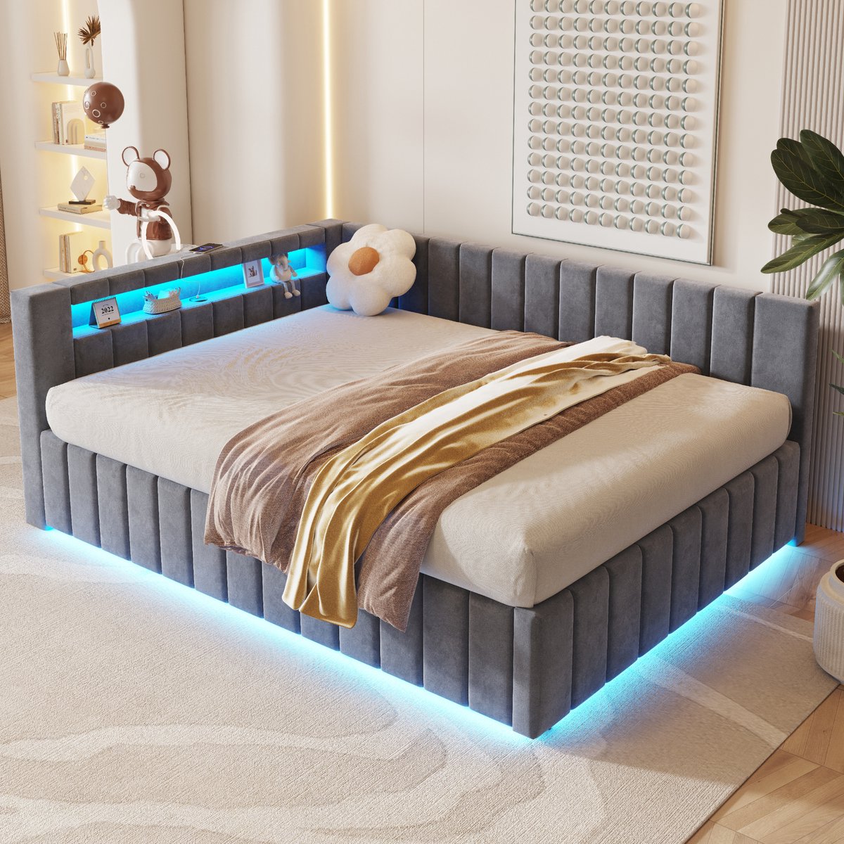Wishdor Gestoffeerd tweepersoonsbed 140x200 cm – Hydraulische opbergruimte, led & USB – Fluweel – Grijs – Jouw moderne opberger voor de master bedroom
