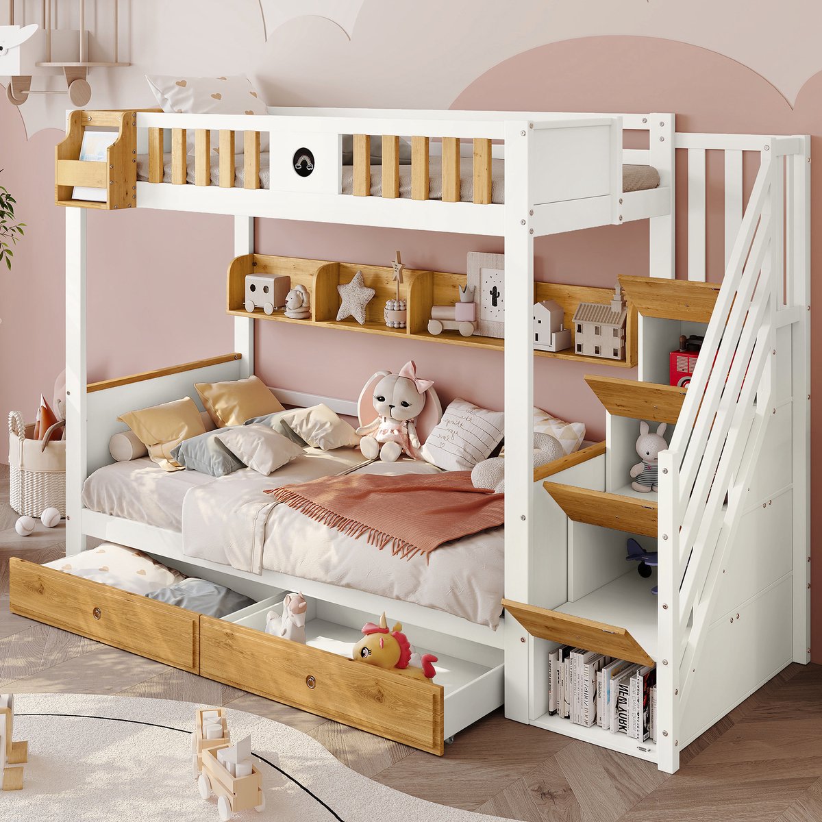 Wishdor Stapelbed 90 x 200 cm - Opbergtrap met Kastdeuren - Open Vak en 2 Grote Laden - Inclusief Krijtbord - Veiligheidshek Rondom - Speels en Functioneel Design - Geschikt voor Kinderslaapkamer - Grenen en MDF - Wit Naturel Wit+Natuurlijk