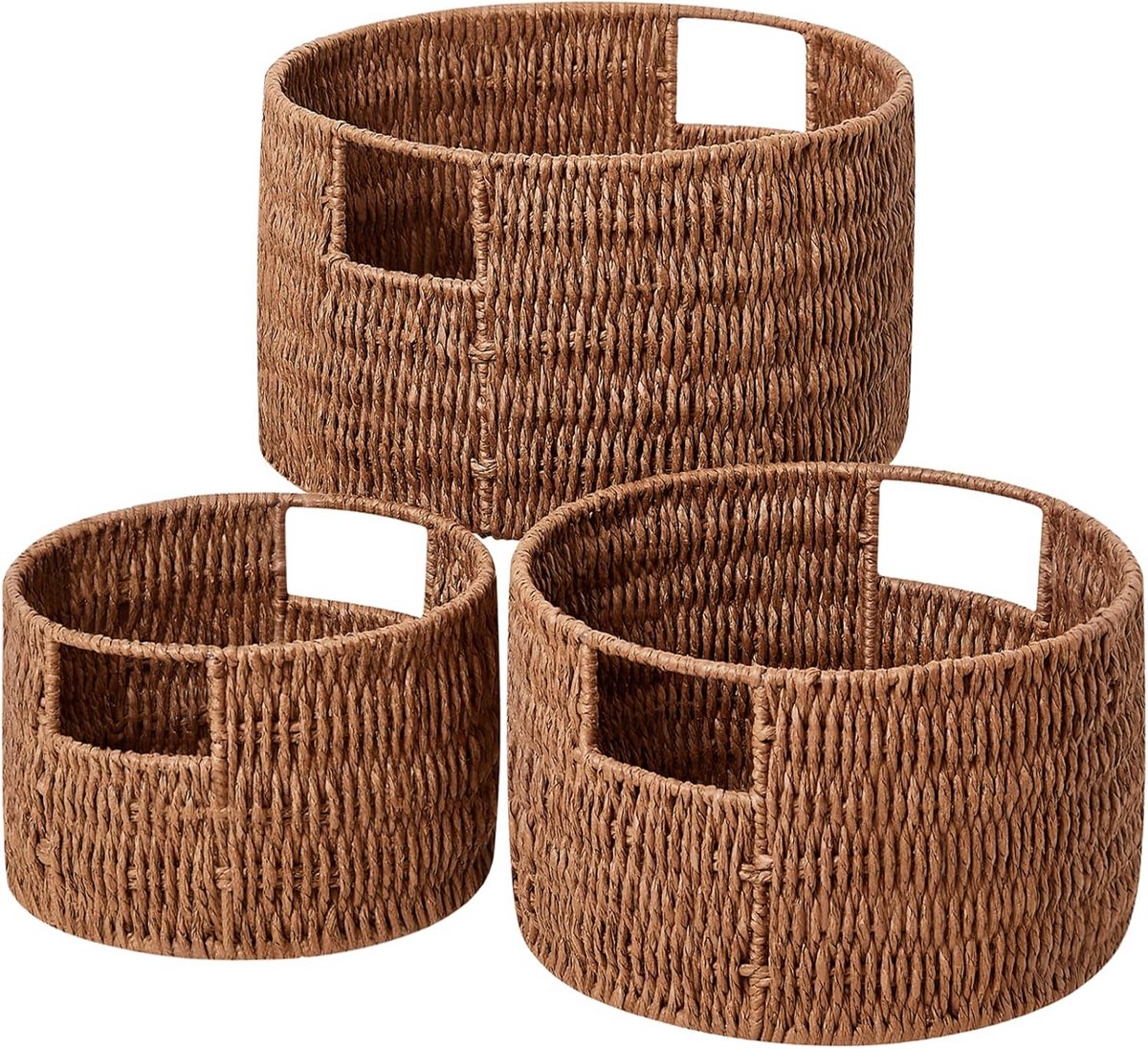 Rieten opbergmand 3-pack handgeweven papieren touw groot rond met handgrepen bruin