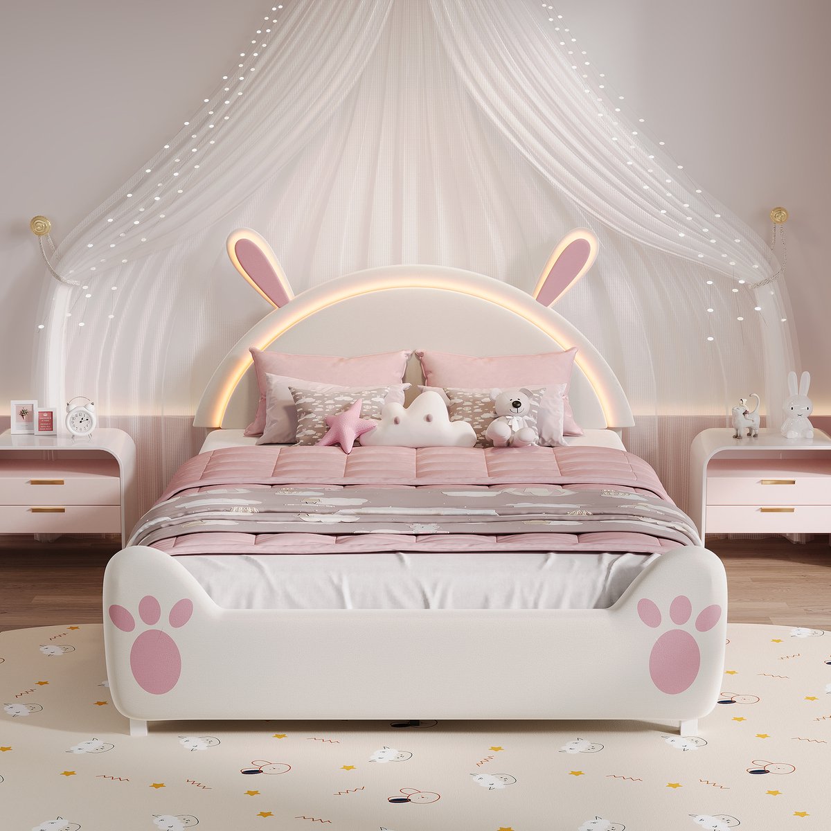 ROSAHQNDA Kinderbed 140x200cm met ledverlichting, hoofdbord in de vorm van konijnenoortjes, schattig kinderbed, voor kinderen of jongeren, fluweel Wit