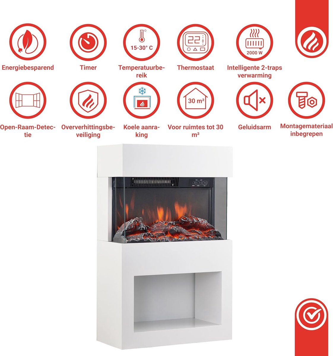 Elektrische haard Casa Velluto Aurora – Vrijstaande 3D houtkachel met verwarming, LED-vlameffect, houtopslag en afstandsbediening – Moderne witte design haard voor woonkamer, eetkamer en thuiskantoor – 1800W