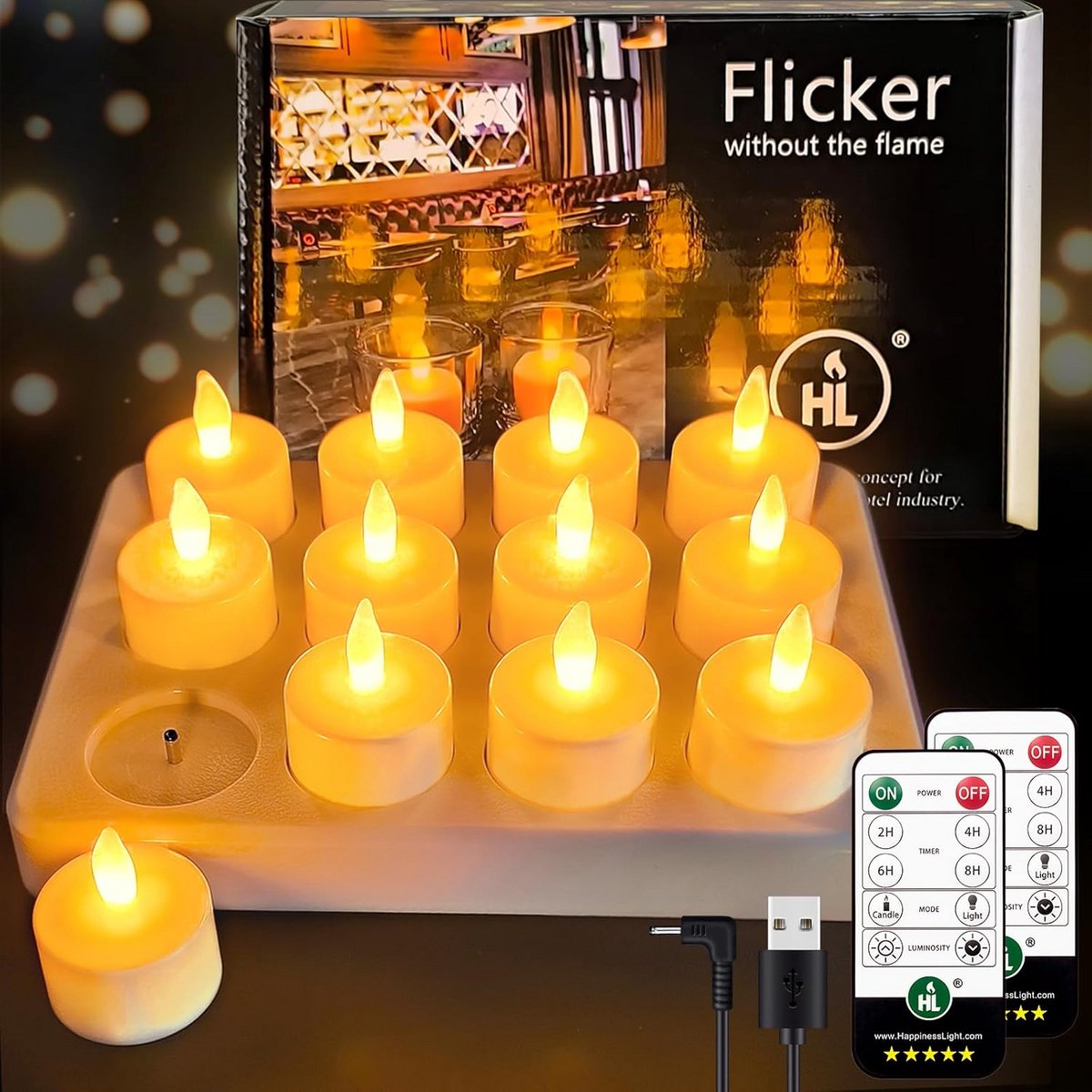 Oplaadbare LED Theelichtjes met Afstandsbediening en Timer, 12 Stuks