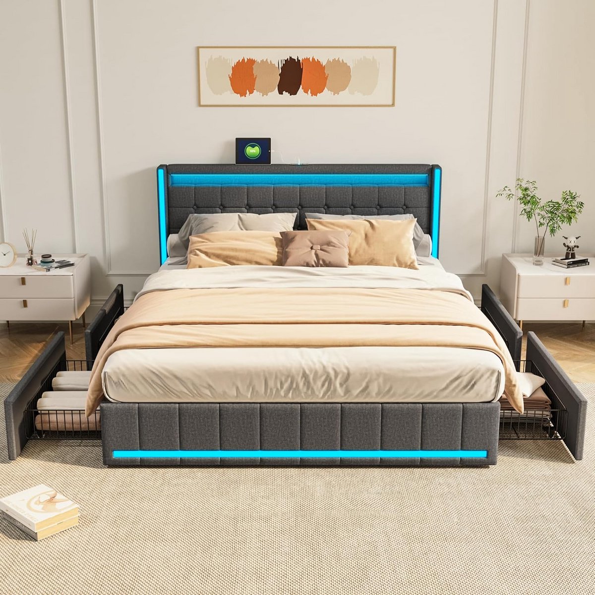 Tweepersoonsbed met Opbergruimte en LED-Verlichting, Gestoffeerd, Wit