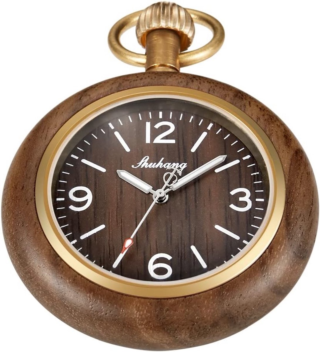 Houten Zakhorloge met Ketting - Romeinse Cijfers - Handgemaakt Quartz Horloge voor Dames en Heren