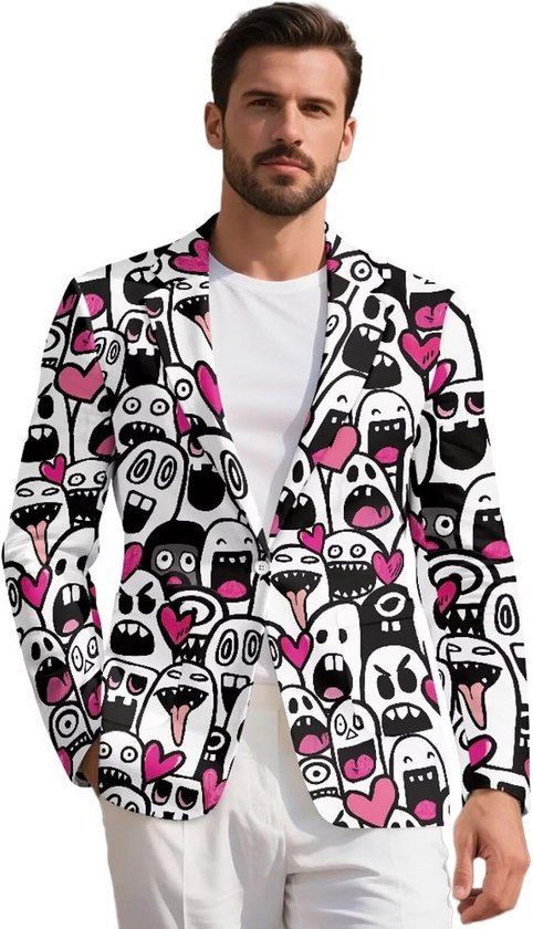 Herensjas met een opvallende print van monstergezichten en roze harten op een witte achtergrond. Met één knoopsluiting.