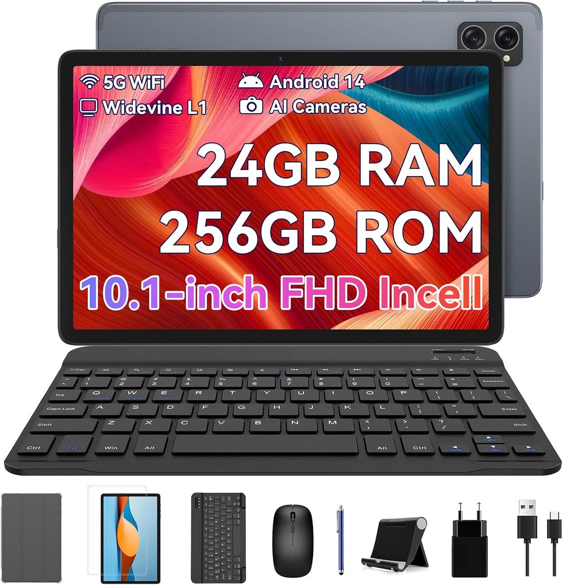 10 Inch Android Tablet met Toetsenbord, Octa-Core, 24GB RAM, 256GB Opslag, FHD IPS Scherm