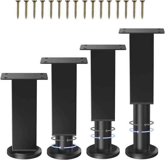 Set van 4 zwarte vierkante meubelpoten, in hoogte verstelbaar (12-18 cm