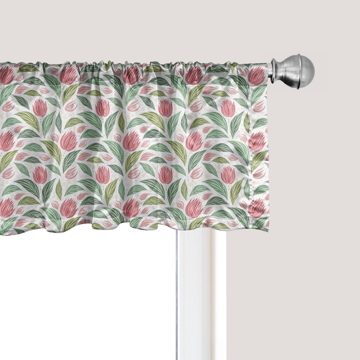 ABAKUHAUS Bloemenpatroon raamvalletje, gordijnvalletje voor keuken en slaapkamer met tunnelzoom, 137 cm x 45 cm, Ruby en Reseda Green