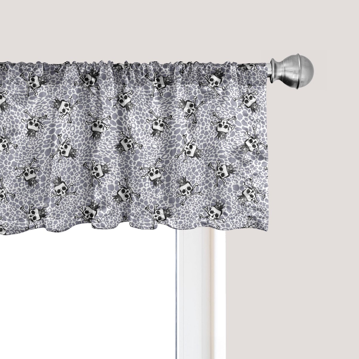 ABAKUHAUS Gordijnvalletje met doodskopmotief, gordijnvalletje voor keuken en slaapkamer met tunnelzoom, 137 cm x 45 cm, zwart wit paarsgrijs