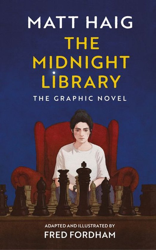 Boekcover van 'The Midnight Library: The Graphic Novel' met een vrouw die voor een schaakspel zit in een rode stoel, tegen een blauwe achtergrond.