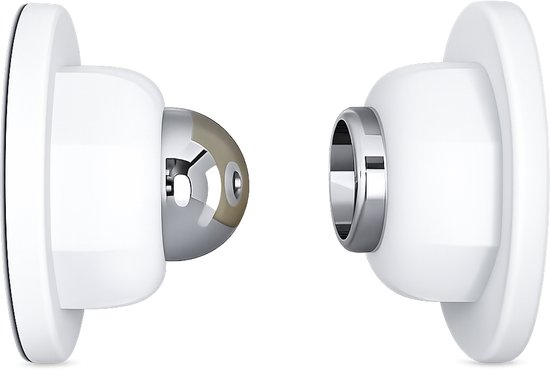 Twee witte magnetische deurstops, zijaanzicht, op zwarte achtergrond.