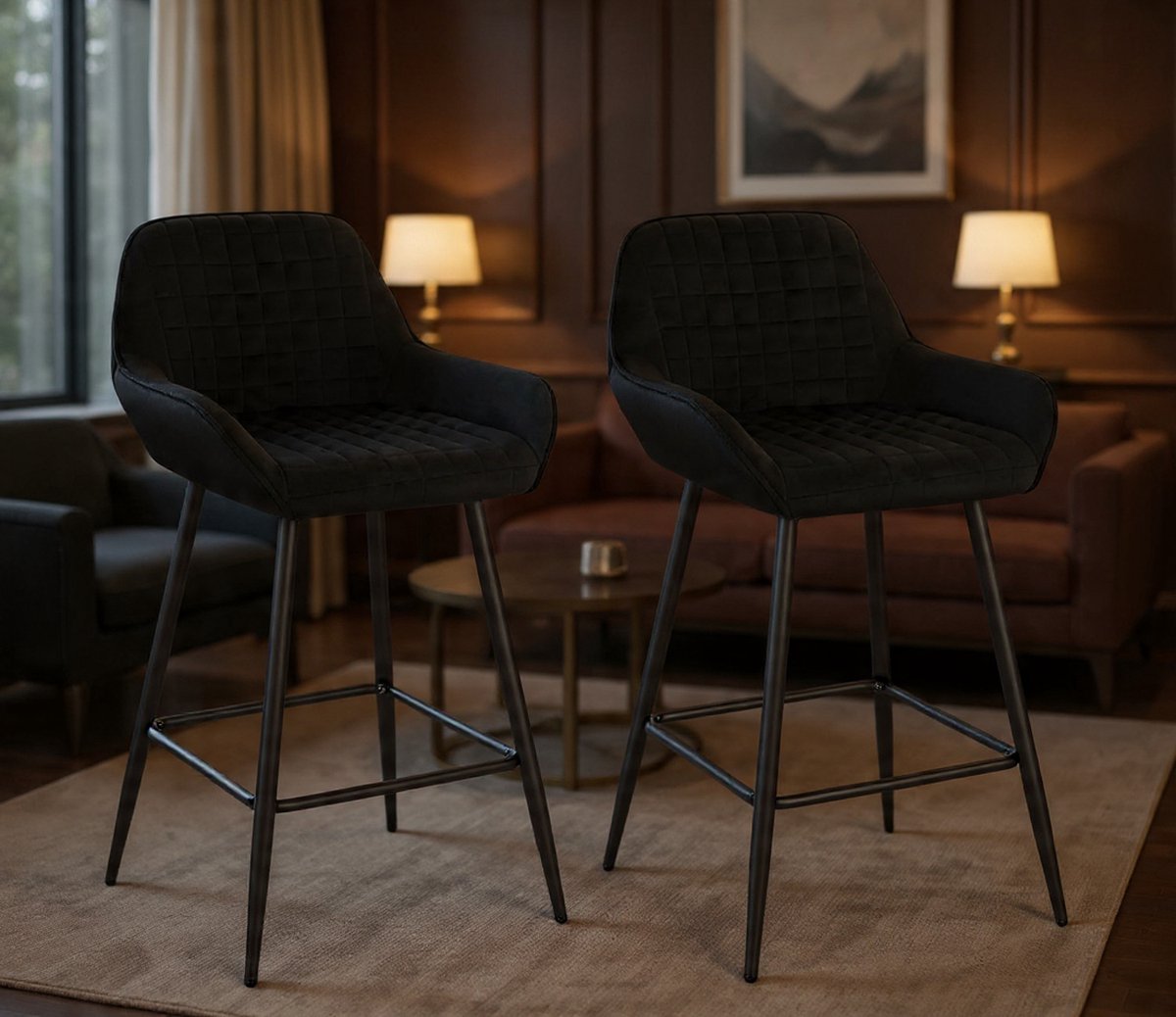 Luxe Barstoelen Set van 2 – Designer Bistro Stoelen met Armleuningen, Rugleuning, Voetensteun en Velvet Bekleding – Zwart – Keuken, Bar & Ontbijtbar Stoelen-Casa Serena – Afmetingen op aanvraag – C...