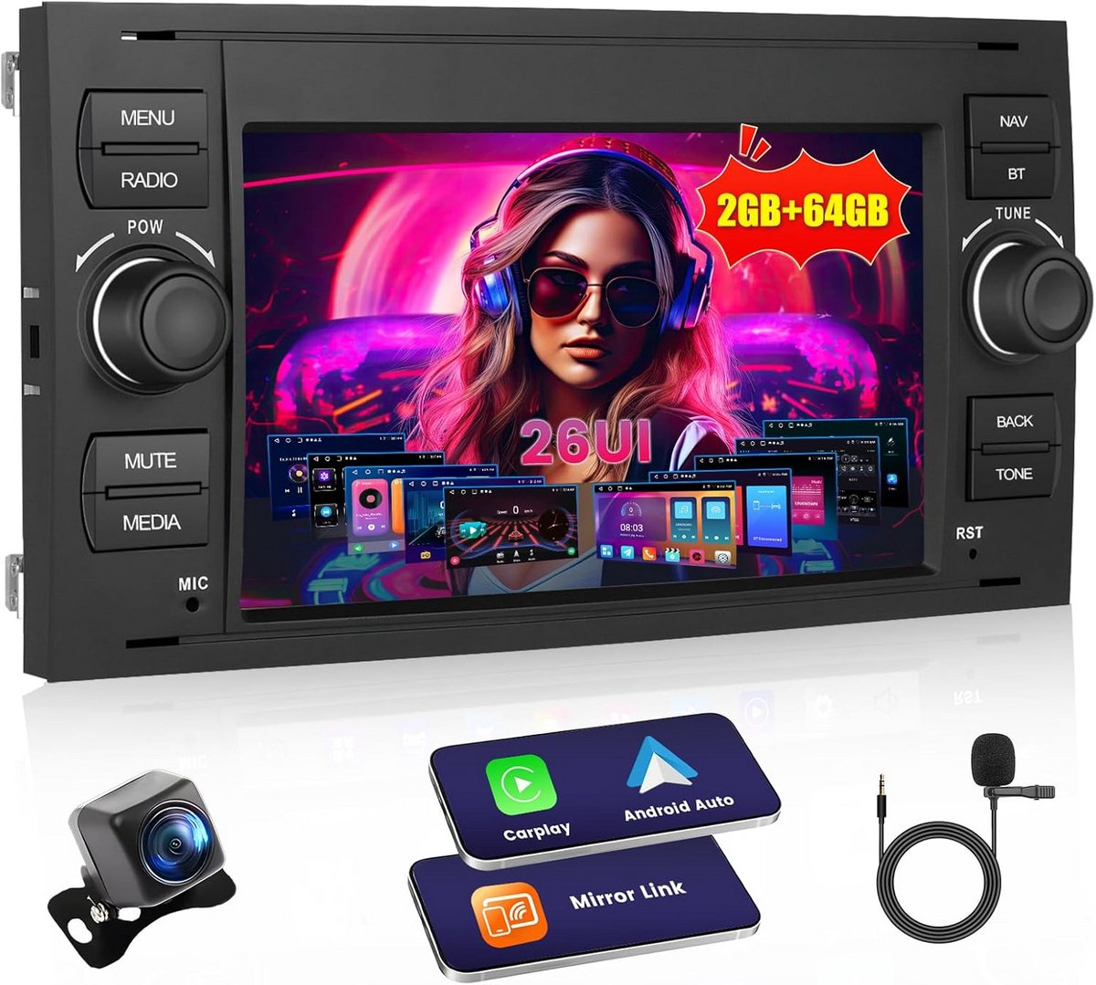 2DIN Autoradio met Draadloos CarPlay Android Auto voor Ford Focus en andere modellen