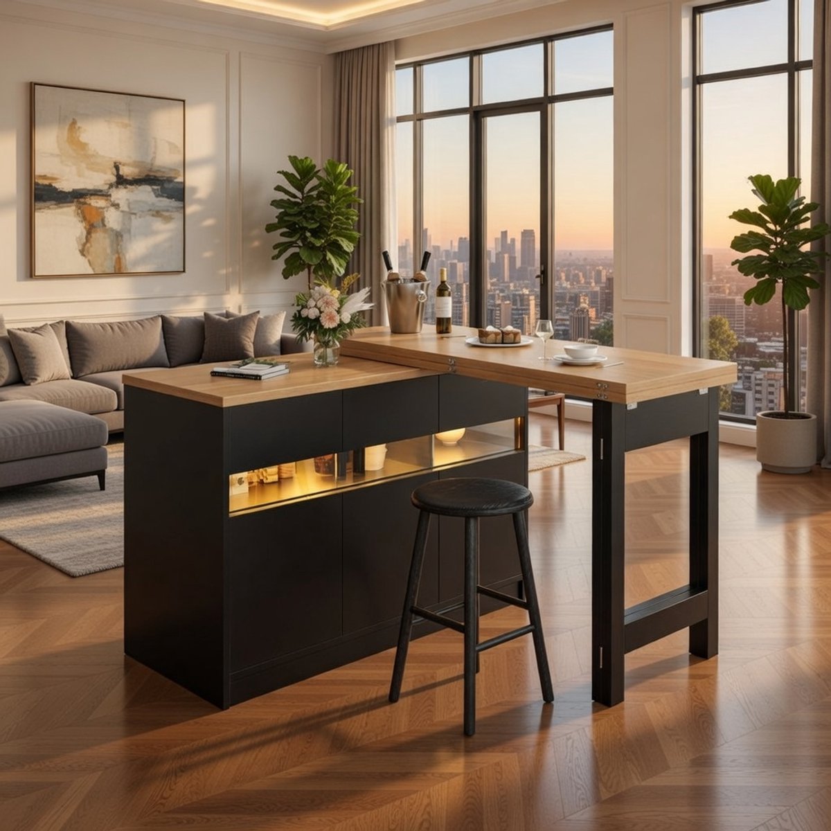 Luxor Uittrekbare LED Bartafel – In Hoogte Verstelbare 120-180 cm Moderne Multifunctionele Keukentafel met Opbergruimte, Glazen Deuren en 360° Draaifunctie voor Woonkamer, Eetkamer en Thuiskantoor ...