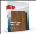 Doos met bruine tablethoes, 'Rosso Element Tablet Case' met detailicoontjes.