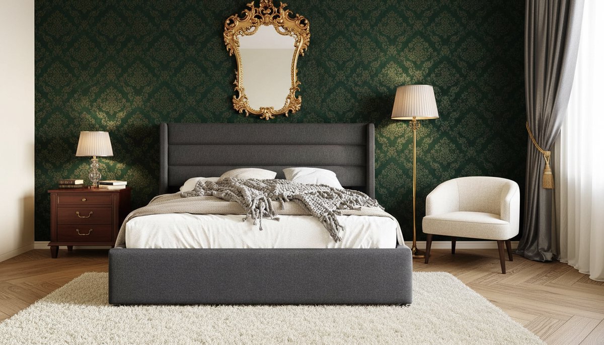 Gestoffeerd tweepersoonsbed met hydraulische opbergruimte 180x200 cm – Casa Velluto Modern Opbergbed, lattenbodem van hout en metalen frame, luxe linnen, grijs – king size platformbed met hoofdeinde