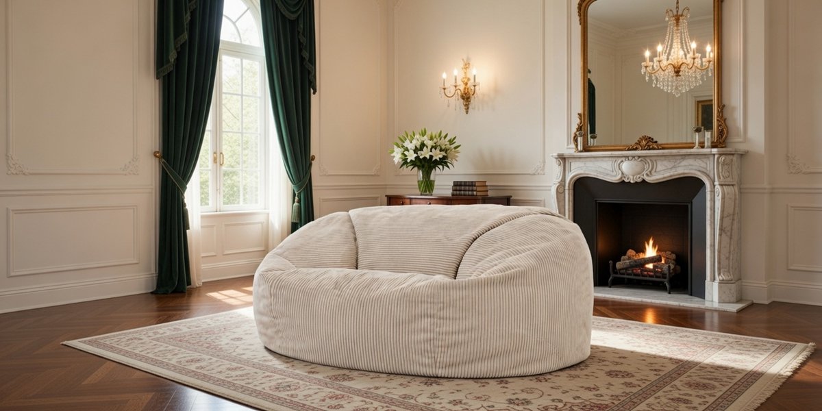CloudLounge XXL 2-Zits Zitzakbank – Beige Pluizige Corduroy Relaxbank voor Volwassenen met Vulling – Luxe Bean Bag Sofa voor Woonkamer & Lounge Casa Serena – Afmetingen op aanvraag – Casa Dorada