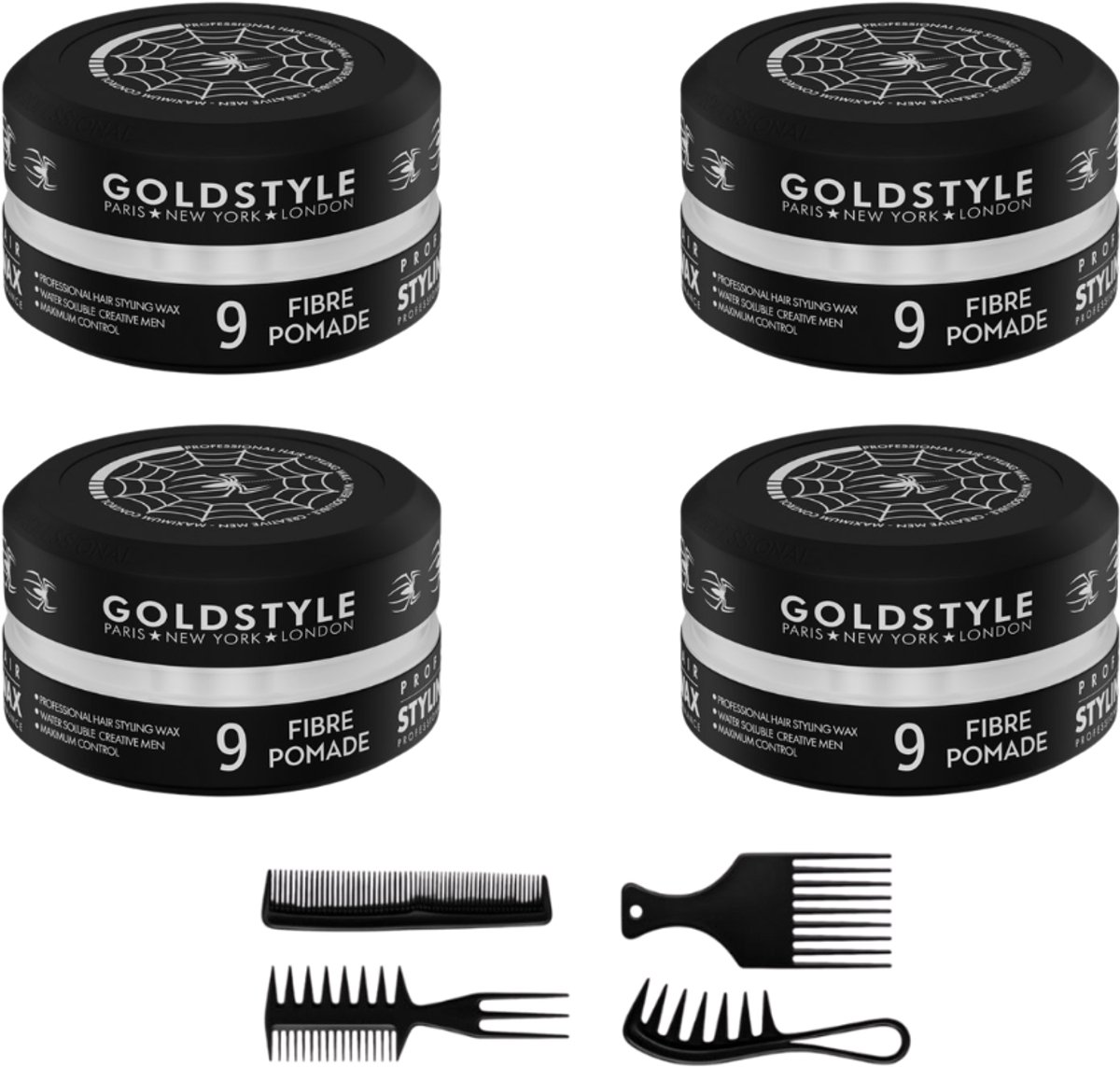 Gold Style 09 Fibre Pomade - Haar Wax Mannen - 4 Stuks + 4 styling kammen 600 ML