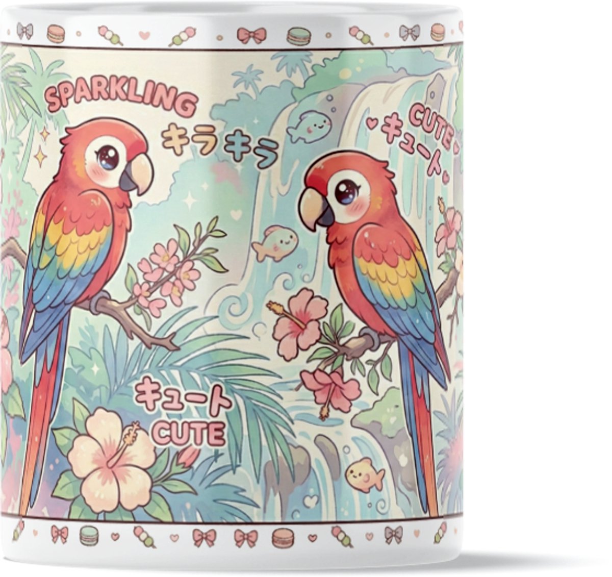 Koffiemok Kawaii Series Twee Schattige Ara Papegaaien bij Waterval met Cute Tekst - Vrolijke Pastel Oerwoud Beker voor op je Bureau op het Werk - Uniek Tropisch Cadeau voor haar: Vrouw, Vriendin of Collega - Exotische Dierenprint voor op Kantoor