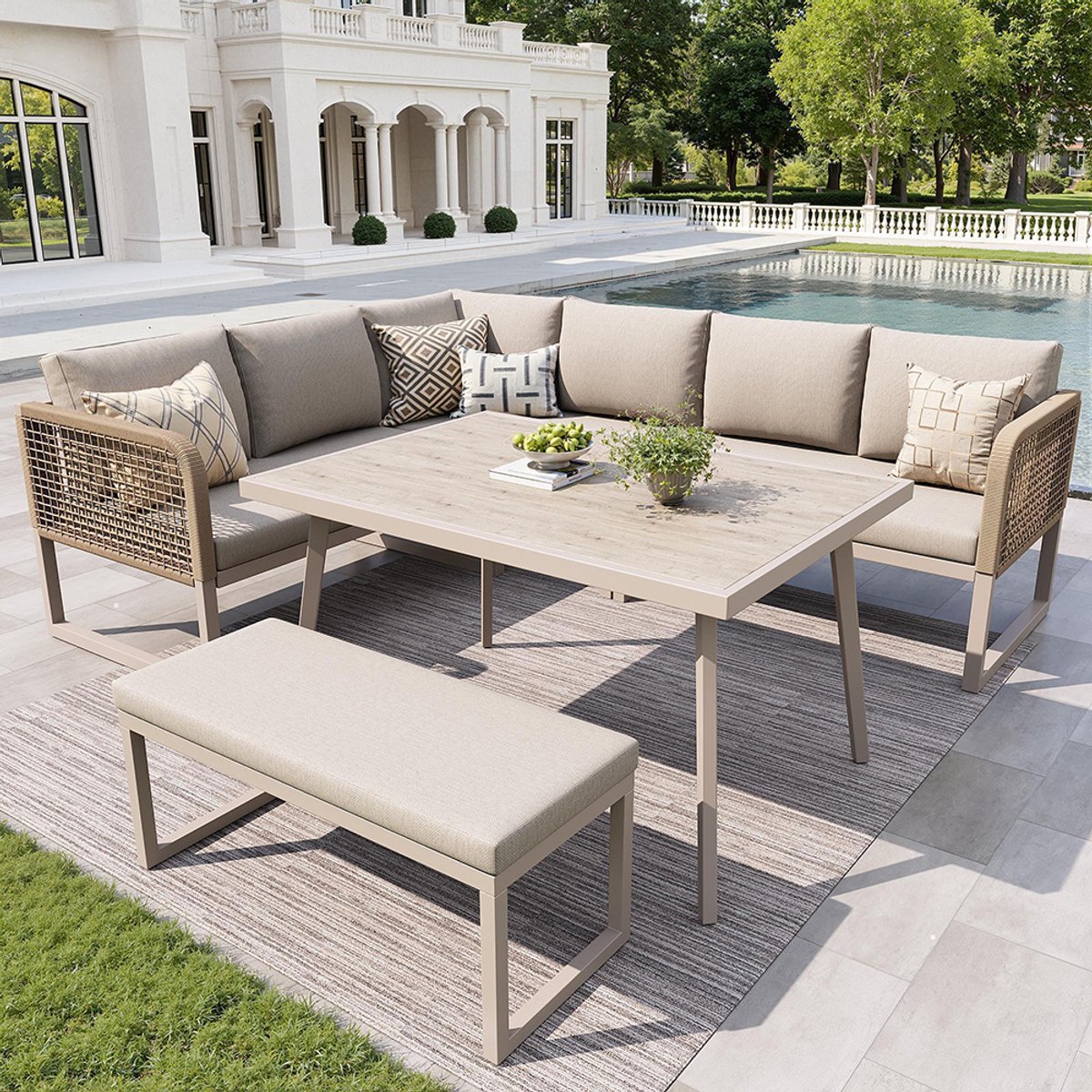 BLACKCOLORS - Handgeweven PE-rotan tuinset voor 6-8 personen - Met zit- en rugkussens - Weerbestendige terrasmeubelen - Beige