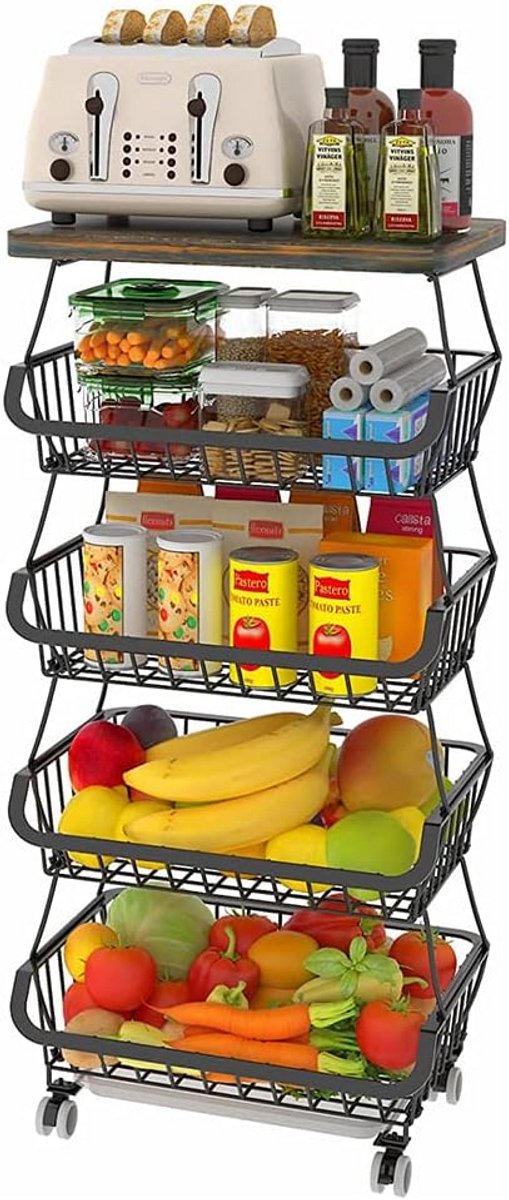 Stapelbare Groente- en Fruitmand op Wielen - 5 Niveaus - Opslag voor Keuken en Eettafel
